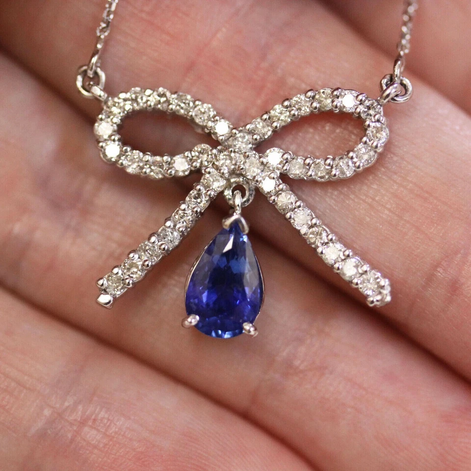 2.5ctw Natural Blue Sapphire & Diamond Solid 18k White Gold Bow Shape Necklace - Image 2 of 4