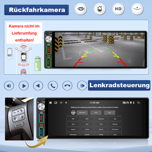 Autoradio 1Din mit 6.9 Zoll Bildschirm Apple CarPlay Bluetooth DAB+ AM/FM Radio - Bild 7 von 11