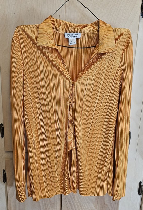 C2- Rachel Zoe XS Orange Camp Collar Plisse Pleated Button Up Top