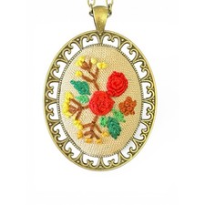 Embroidery Floral Cameo Necklace with Retro-style Flowers Handmade