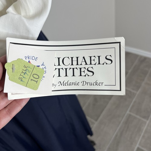 ED Michaels Petite abito vintage anni 80 90 bianco navy midi modesto gonna plissettata L - Foto 10 di 14