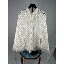 Vintage 1970s White Crochet Poncho Cape Fringe Button Front Made in Japan Boho