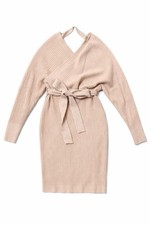 Windsor Beige Ribbed Knit Belted Sweater Dress Tie Batwing Surplice Knee Length