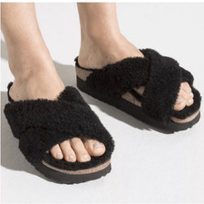 Papillio Black Sherpa Fuzzy Cross-Strap Slippers
