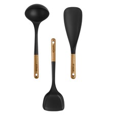 STAUB Silicone with Wood Handle 3-pc Cooking Utensil Set, Matte Black