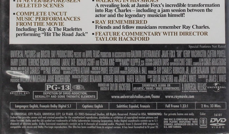 Ray DVD Jamie Foxx Full Screen 2005 Bristol Bay PG-13 Soul Music Pre-Owned Foto 4 de 4