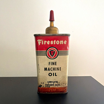 Firestone Fine Machine Oil Metal Oil Can Oiler w/ Spout Red White Black