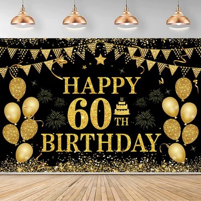 60th Birthday Banner Black Gold 71x45 Inch - Happy Birthday Decor