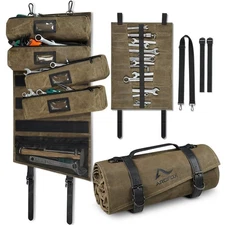 Heavy Duty Roll Up Tool Bag Pouch Waxed Canvas Organizer 5 Pockets For Mechanic