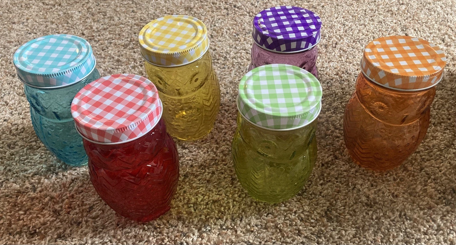 206242-6GB Owl Colors 6Piece Glass Jar Set Glass Canister w/Gingham Lid