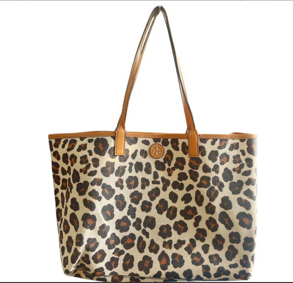 Tory Burch Leopard Print Tote Bag Leather Large Stylish Full of Charm Pre-Owned