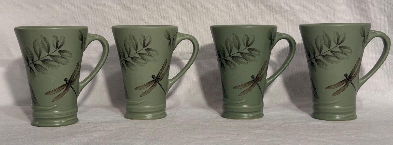 Of 4 Green Tall Accent Mugs Dragonfly Leaves Bee