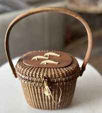Vintage Nantucket Lightship Basket Purse 7" High Swing Handle - Dolphins