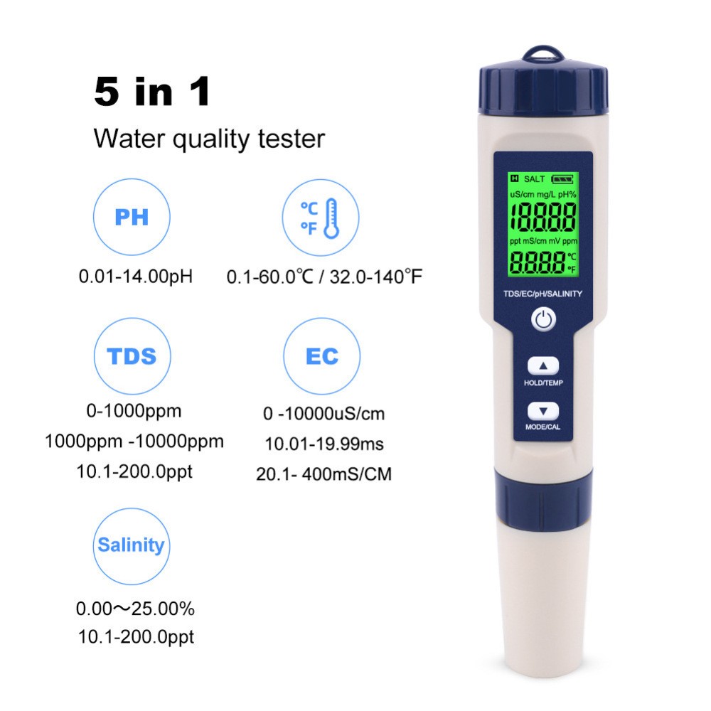 Medidor digital 5 en 1 PH/EC/TEMP/SALT/TDS Tester Pen baby