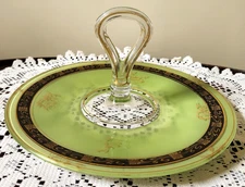 Vintage Glass Round Serving Tray, Central Handle Tidbit Dish Green, Black, Gold