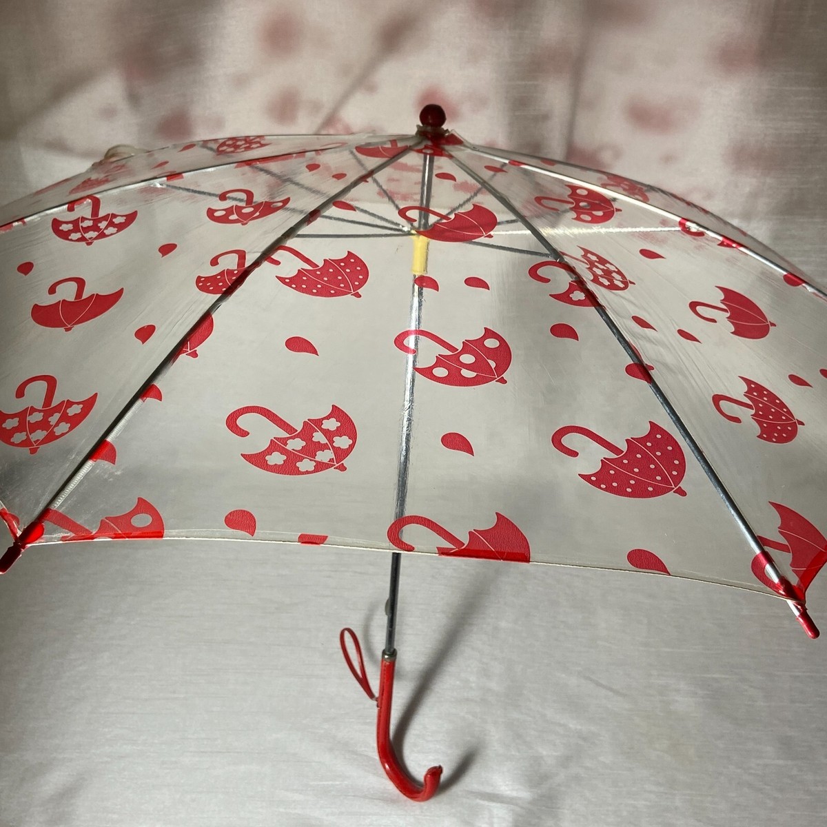 Vintage Clear Umbrella Red Rain Drop Pattern Vinyl Hook Handle 30