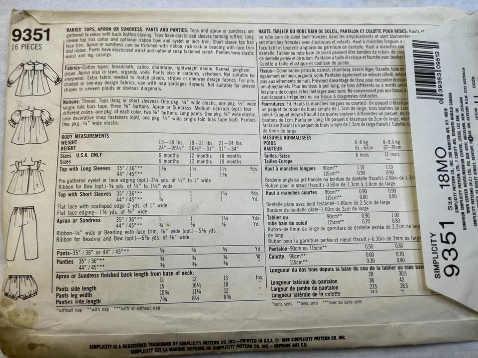 Simplicity 9351 Babies' Tops Apron or Sundress Pants and Panties Size 18Mo FF/UC - Image 3 of 3