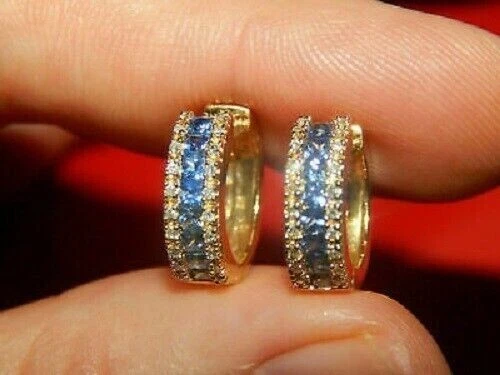 Blue Topaz 2.00Ct Princess Cut Huggie Hoop Earrings 14K Yellow Gold Finish - Image 2 of 3