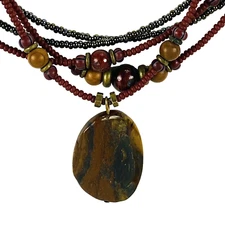 Beaded Necklace With Stone Pendant 5 Strands 17" Brown Burgundy Color Unbranded
