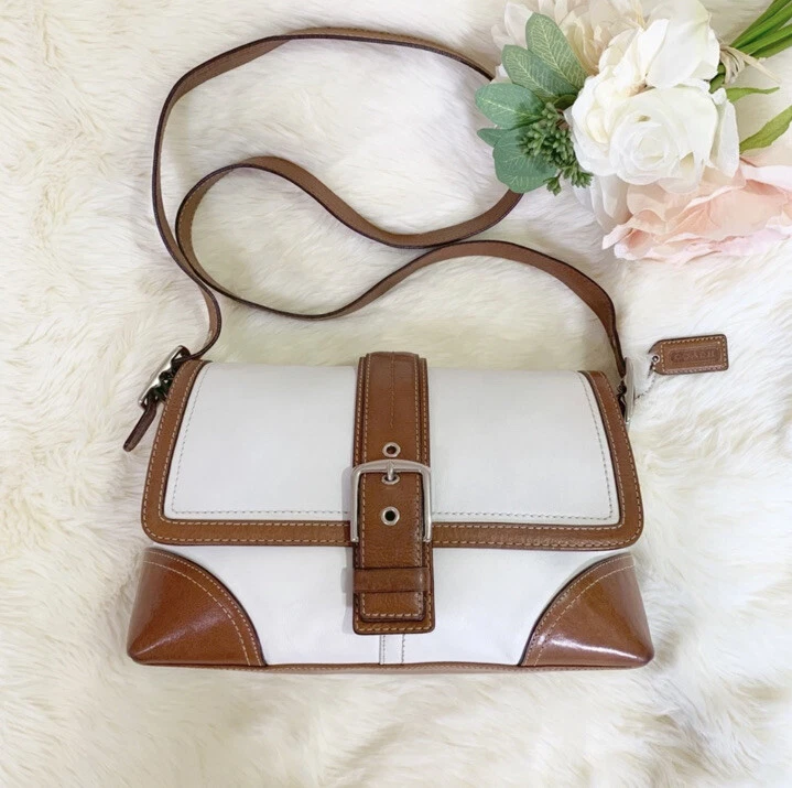 Vintage Coach Hampton White Tan Brown Trim Genuine Leather Purse Bag 90s Y2k