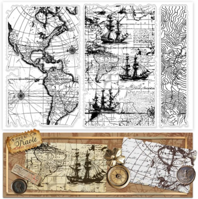 Map Clear Stamp, Vintage Global Map Silicone Rubber Stamp Sailboat Clear Stamps