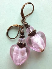 PINK HEART Foil LAMPWORK Facet Crystal earring BRONZE LEVERBACK handcrafted XLW