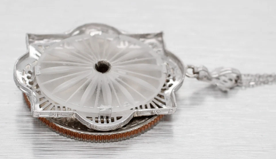 Antiguo colgante Art Deco de diamantes y cristal de roca - Collar de oro blanco de 14k - 17" Foto 3 de 4