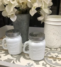 NEW!! Mason Jar Farmhouse Style Vintage White Glass Salt and Pepper Shakers NIB