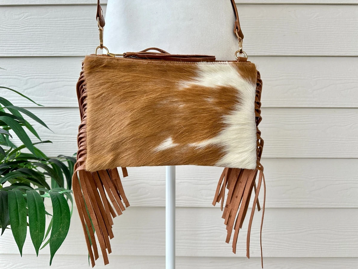 Cowhide Crossbody Purse with Fringes Western Handbag Clutch Black Brown  Leather