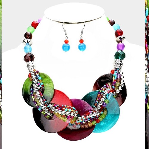 Chunky Disc Circle Hoop Shell Necklace Bib Twist Bead Circle Mother of Pearl set - Picture 12 of 15