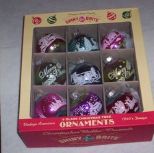 Radko Shiny Brite Glass Ornaments Stenciled Flocked New Box of 9