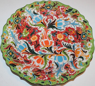 Green & Red 12'' Turkish Iznik Raised Tulip Pattern Hand-made Ceramic Plate
