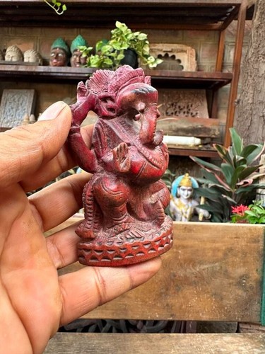 Ancient 1800's Rare Wooden Hand Carved Red Painted Figure God Ganesha 3.5x2" - Picture 2 of 7