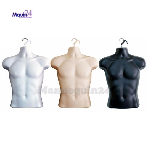 3 MALE MANNEQUIN TORSOS SET -WHITE FLESH BLACK DRESS FORMS + 3 STANDS +3 HANGERS - Picture 4 of 8