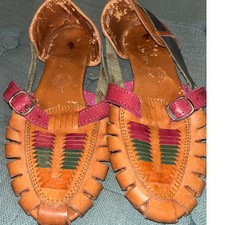 Vintage Mexican Huarache Sandals Multi-Color Woven Leather Flats Boho Size 7