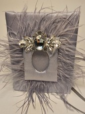 Handmade Silver Satin Wedding Album: Rhinestone  Feather Decoration