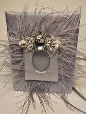 Handmade Silver Satin Wedding Album: Rhinestone & Feather Decoration