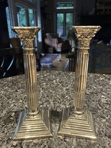 Silver Plate 10.5 Inch Corinthian Neoclassical Columns Candlestick Pair England