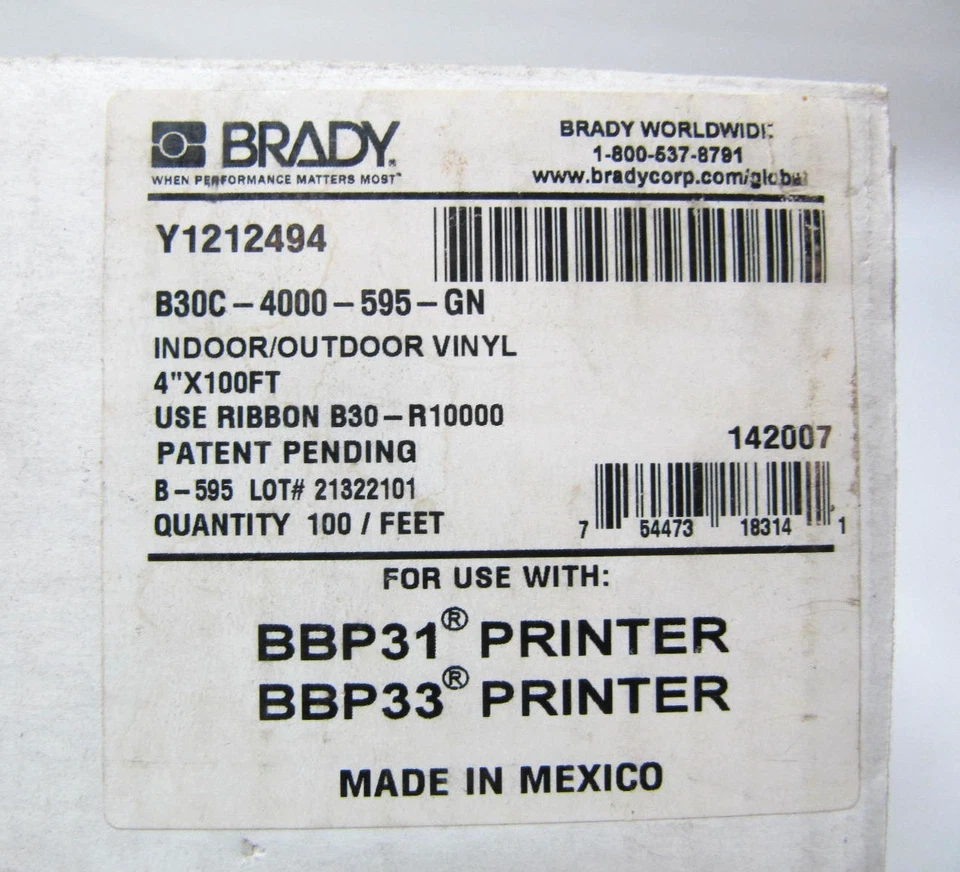 (NEW) Brady Vinyl Label Cartridge 4"X100ft B30C-4000-595-GN - Image 2 of 4