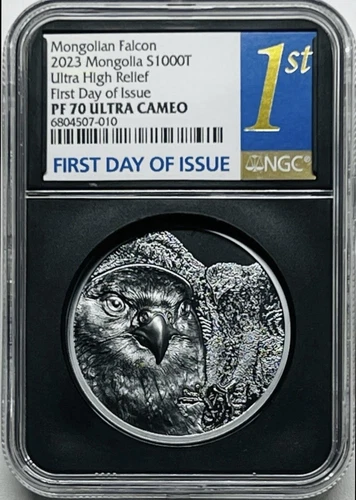 2023 MONGOLIA 1000T MONGOLIAN FALCON 2OZ SILVER UHR PROOF NGC PF 70 UCAM FDOI
