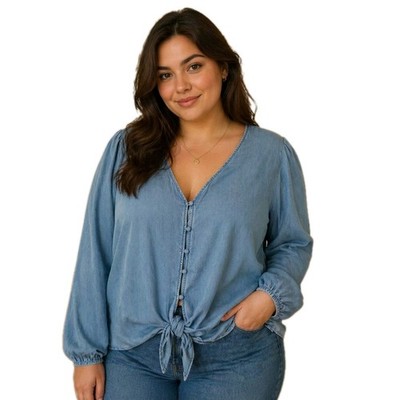 Ann Taylor LOFT 20 plus womens chambray denim tie front button up shirt