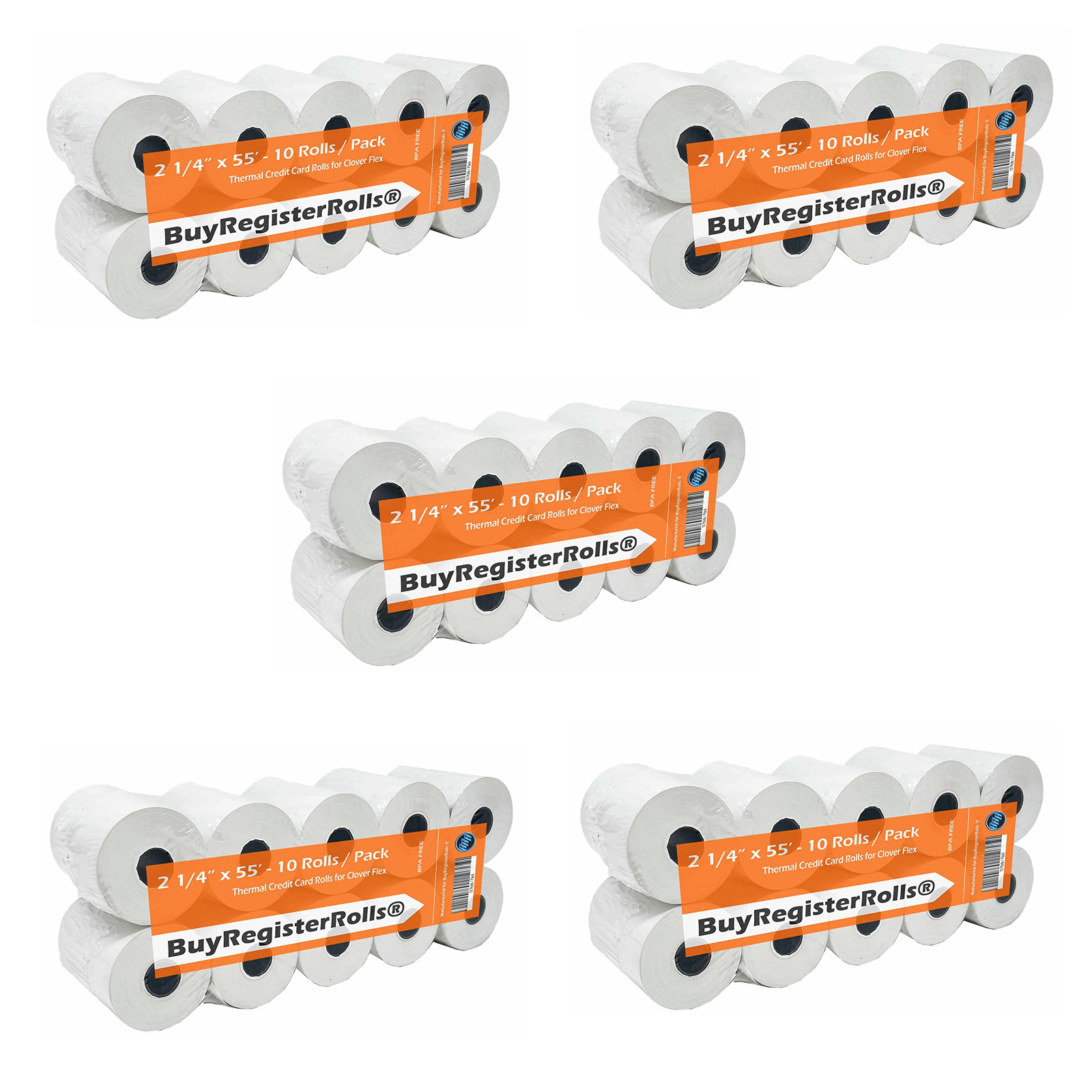 5 Packs of 10 Rolls 2 1/4 x 55 Thermal Paper 50 Rolls 55 GSM for Smooth Printing