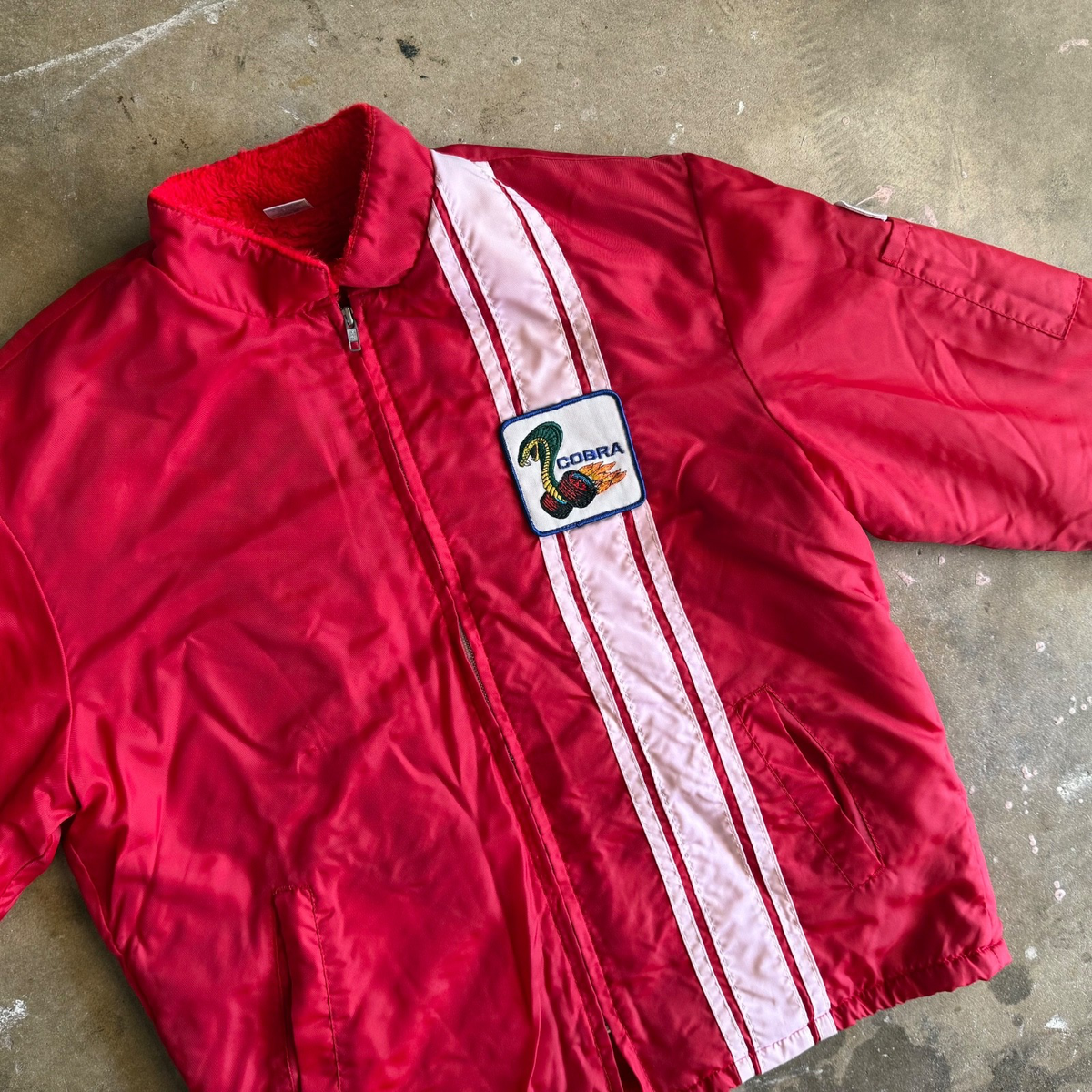 70s VINTAGE FORD COBRA RED STRIPED RALLY RACING JACKET SZ L FLEECE