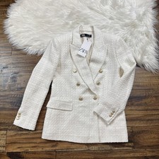 Zara Women  s Size L Tweed Double Breasted Blazer Gold Buttons Military Jacket