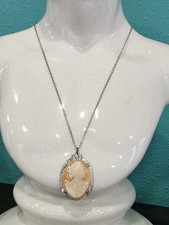 Vtg Antique Hand Carved Shell Cameo Sterling Pendant & Sterling Silver Chain 15"
