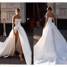 White Satin A Line Wedding Dresses Pearls Strapless Basque Boho Bridal Gowns  