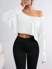 Women's White Off Shoulder Crop Top Long Sleeve Asymmetric Hem Blouse