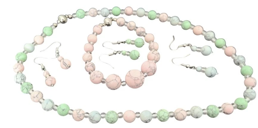 Conjunto de collar pulsera y pendientes Howlite propiedades curativas rosa pastel azul... Foto 2 de 4