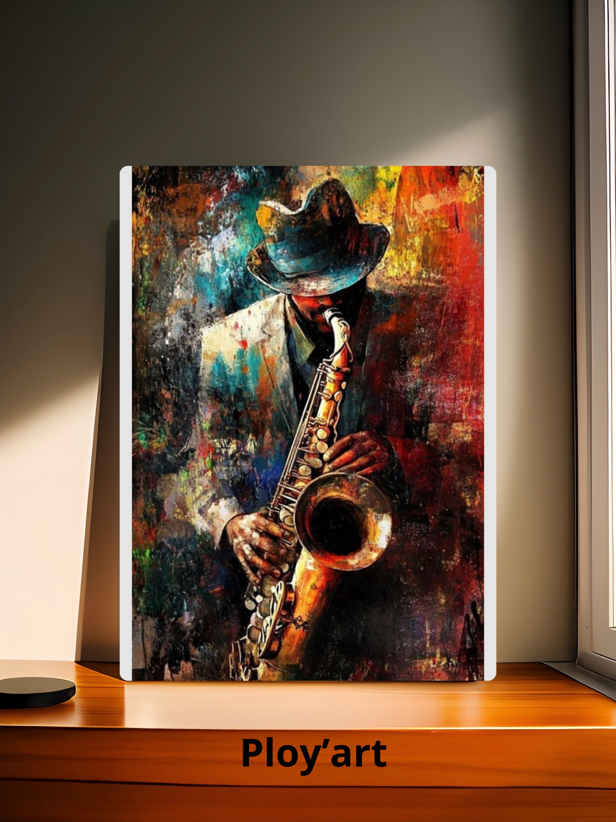 Déco murale A4 saxophoniste jazz pour ambiance salon et studio de musique