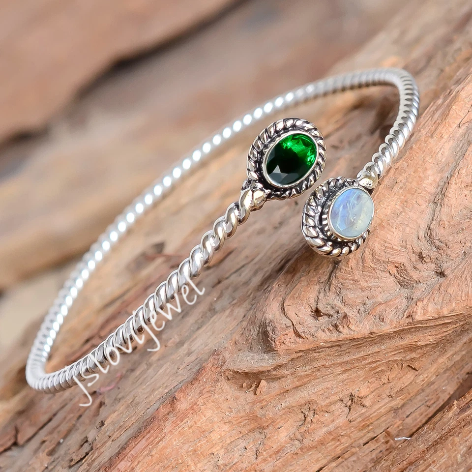 Браслет из стерлингового серебра 925 пробы с драгоценными камнями диопсидом и лунным камнем хром подарок на любовь - Изображение 3 из 4